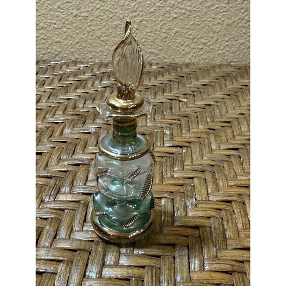 Vintage Egyptian Green Glass Perfume Bottle With Gold Accents & Stopper - Picture 2 of 7